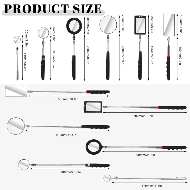 6 Pcs LED Telescoping Inspection Mirror,Retractable LED Mechanical Mirror Tool,Under Vehicle Inspection Mirror,Car Visual Reflector,Retractable Under Vehicle Detection Mirror