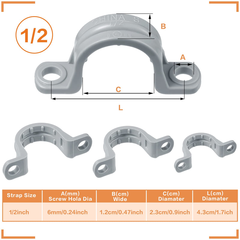PVC Conduit Clamp 2 Hole Straps Pipe Plastic Strap Grey Pipe Clamps Heavy Duty Clamp U Clip Mounting Bracket for Conduit and Cables(100 Pcs,1/2 Inch) 100 1/2 Inch