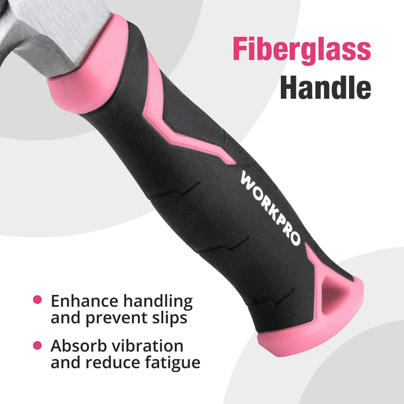 WORKPRO 8 oz Claw Hammer with Fiberglass Handle, All Purpose Hammer with Forged Hardened Steel Head, Smooth Face & Shock Reduction Grip - Pink Ribbon 8oz