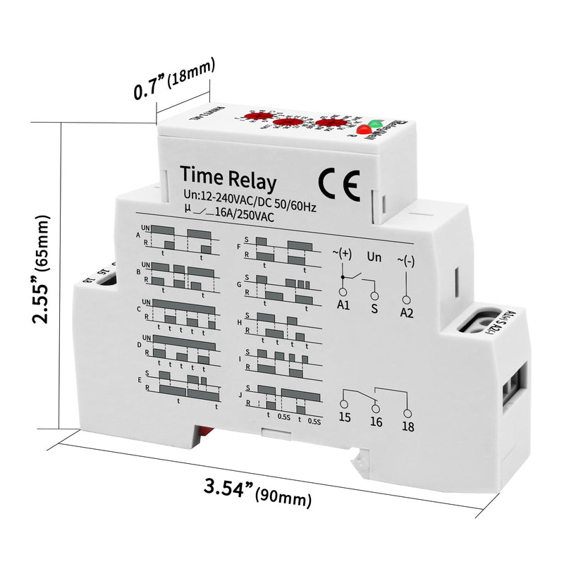 Delay Time Relay, GRT8-M1 AC DC 12V, 24V, 120V, 16A Multifunction Timer Relay with 10 Function Selections, 0.1 sec-10 Days, Delay ON Off, Din Rail Timer (M1 AC/DC 12V-240V) RW-M1-JDQ 12-240V