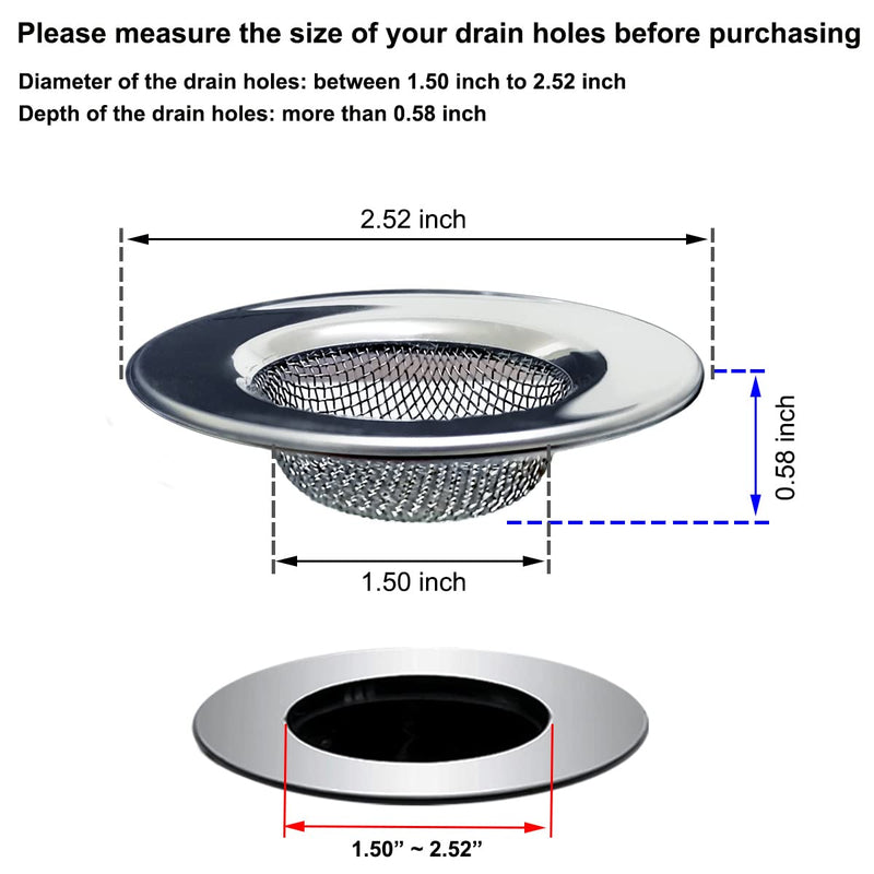 1.50" Bathtub Strainers, Bathroom Sink Strainers, Shower Drain Hair Catcher, Drain Strainer for Laundry, Mop Pool, Utility, Slop, RV Sink, Stainless Steel, Pack-2 1.50 inch