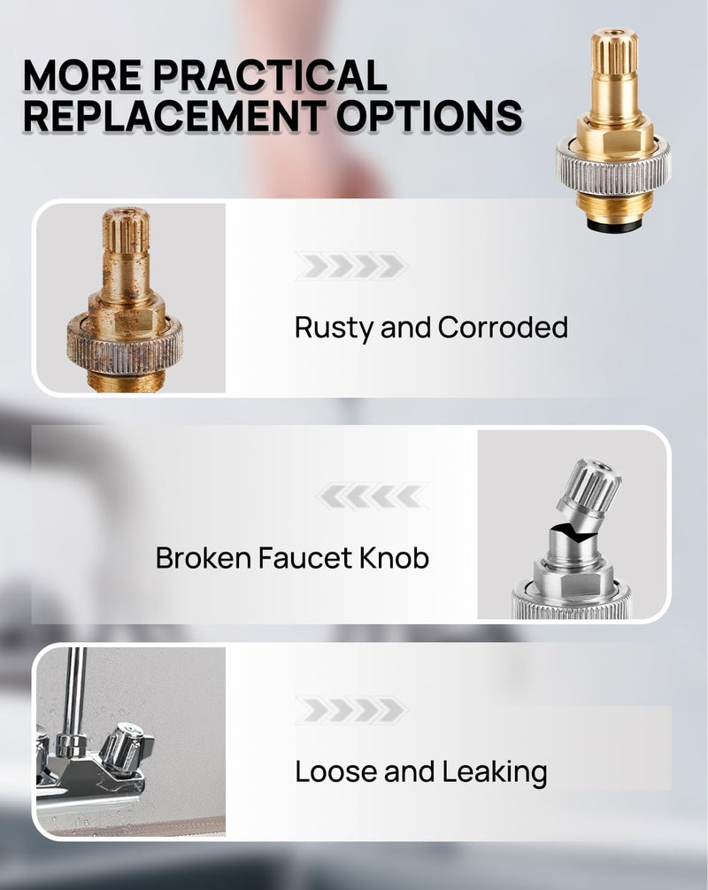 4" Brass Faucet Handle Cartridge Replacement Stem Assembly Faucet Valves Hot and Cold Knob Handle Kit with Stem for Kitchen & Bathroom Knob Handles Knob Handle Kit with Stem (1 Pair)