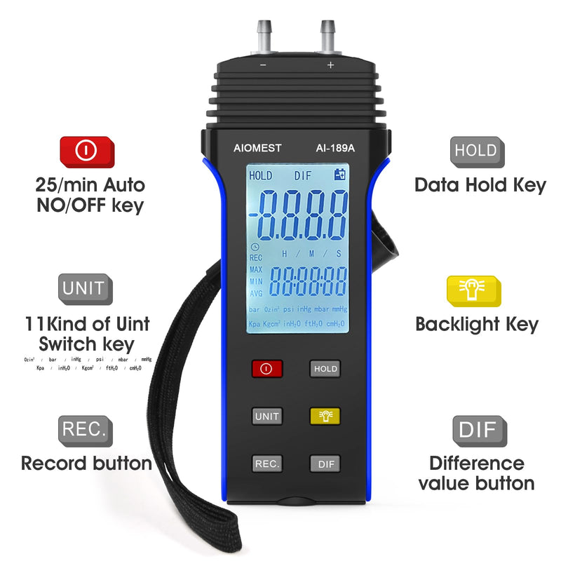AIOMEST Digital Manometer Gas Pressure Tester ±2 psi / ±13.79 kpa, Dual Port Air Flow Pressure Gauge AI-189A for HVAC Gas Furnace
