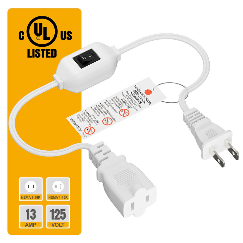 On Off Switch Extension Cord [2-Feet], 2-Prong/2 Outlet Polarized Extension Cord with Switch 12A/125V for Your Chargers/Lamp/Power Adapters etc, 16AWG Cord White