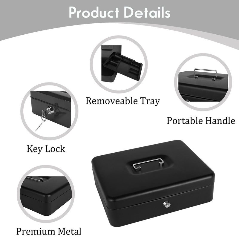 Cash Box with Lock and Money Tray Metal Money Box Large Cash Lock Box for Money 9.84" x 7.87" x 3.54" Black Black-Large