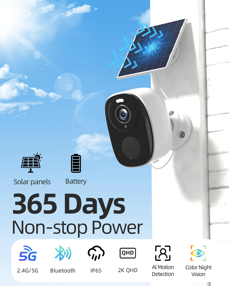 2.4&5ghz WiFi Solar Security Cameras Wireless Outdoor,2K QHD Home Security System, Solar Cameras Kit with 130° Ultra-Wide View, 2-Way Talk, IP65,Color Night Vision, Spotlight & Siren (1, White) W1SP-W-1PACK