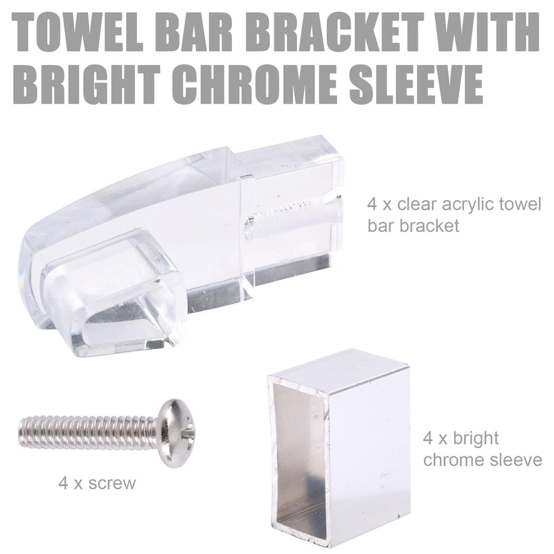 4pcs Clear Acrylic Towel Bar Brackets, Fit for Alumax/Basco Framed Sliding Glass Shower Door Towel Rod with 4 Tightening Screws & Bright Chrome Sleeve Replacement Parts for Bathroom
