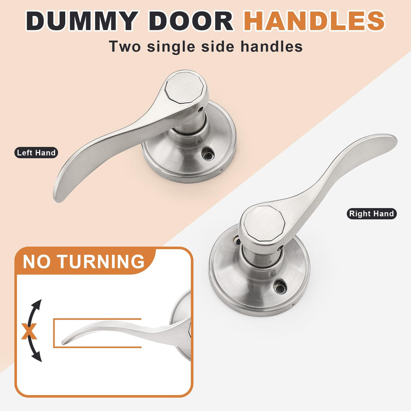 Probrico Dummy Door Handles Two Pairs, Brushed Nickel Interior Dummy Door Lever for Hallway Closet, No-Turning Reversible Door Lever Wave Style 2 Satin Nickel