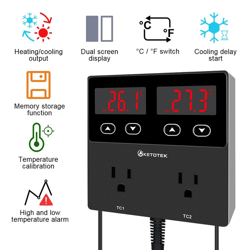 KETOTEK KT99pro Dual Digital Temperature Controller Outlet 10A Relay Heating Coolling Thermostat Controlled Socket with Sensor for Reptile Brewing Fermentation Breeding Incubation Greenhouse
