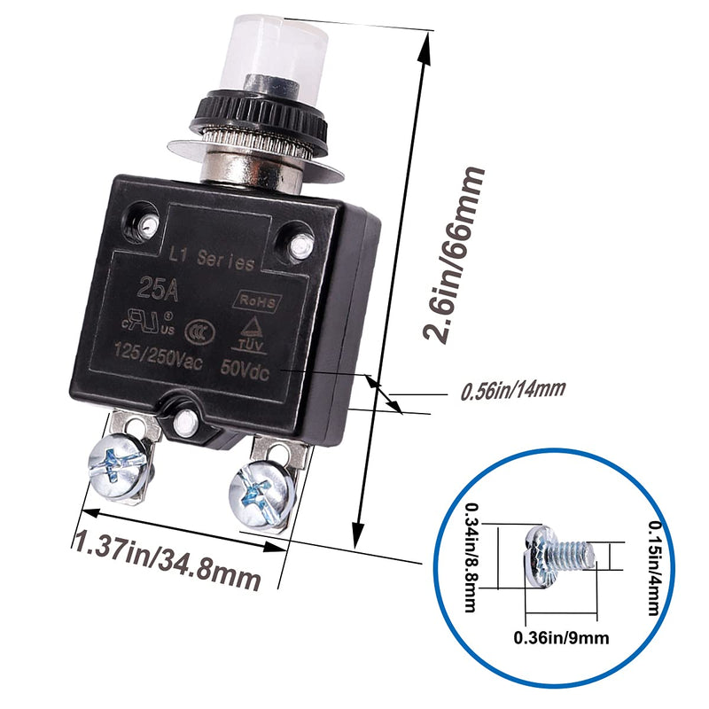 mxuteuk 2Pcs 20Amp Circuit Breakers Push Button Manual Reset 125/250V AC 50V DC, L1 Series Overload Protector Switch Thermal Circuit Breakers with Waterproof Button Caps L1-ls-20A 20A