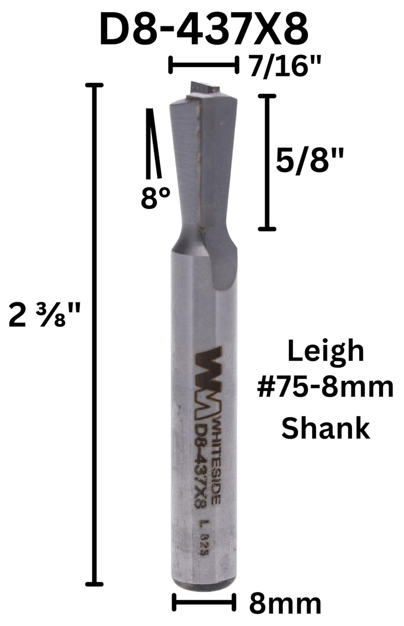 Whiteside Router Bits D8-437x8 Dovetail Bit with 7/16-Inch Large Diameter, 5/8-Inch Cutting Diameter and 8mm Shank