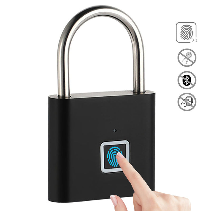 Fingerprint Padlock - Keyless Biometric Gate Locks for Outdoor Fence Storage Gym, Combination Lock USB Rechargeable Black Black with 20 Fingerprint