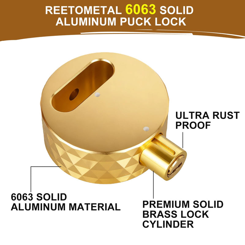 REETOMTAL Heavy Duty Hidden Shackle Lock, Solid Aluminum Puck Lock for Security Chains, Trailers Golden