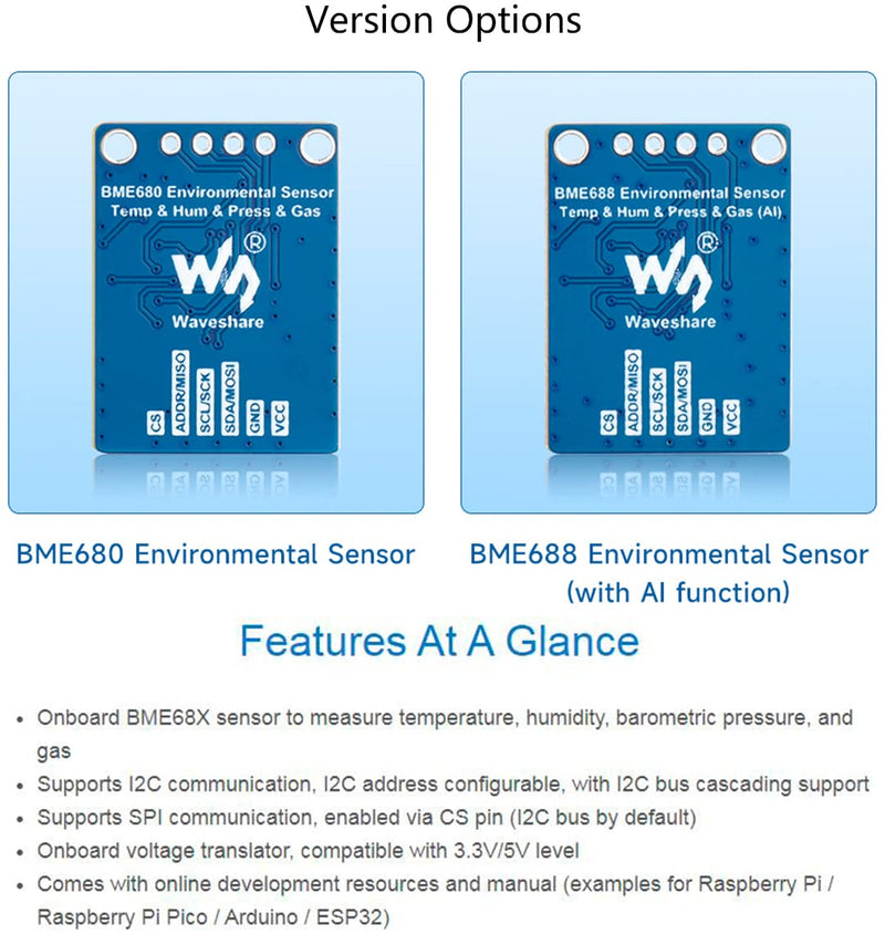 BME688 Environmental Sensor with AI Function, Supports Temperature/Humidity/Barometric Pressure/Gas Detection, I2C and SPI, Support Raspberry Pi/Raspberry Pi Pico/Arduino / ESP32,etc. BME688 with AI function