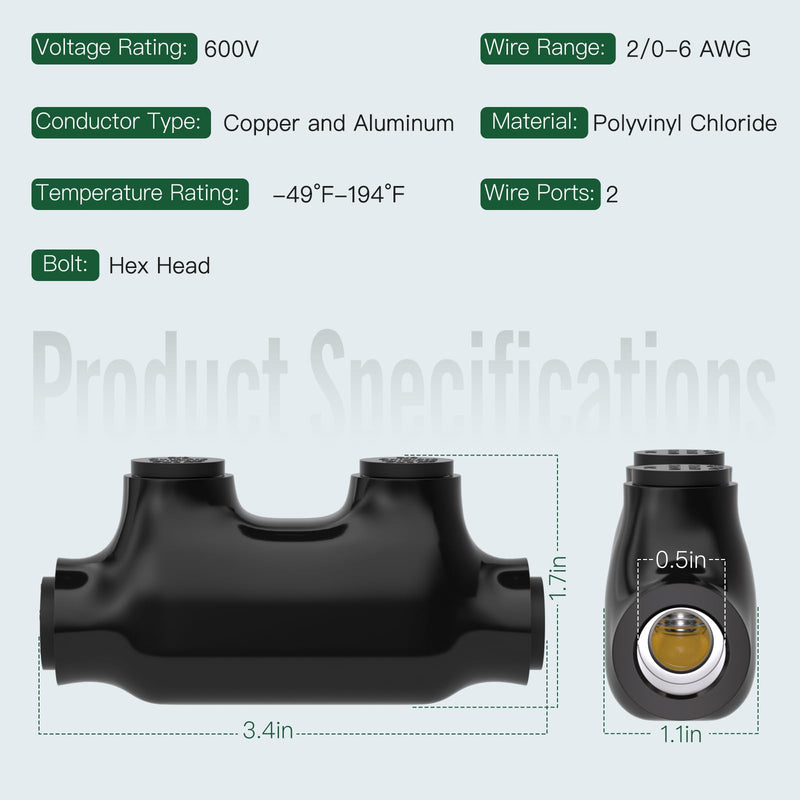 5PCS 2Port Insulated Inline Splice Connector 2/0-6 AWG, Electrical Splice Connector, Black Vinyl Coated, Dual-Rated for Copper and Aluminum Wires 5PCS 2/0-6 AWG