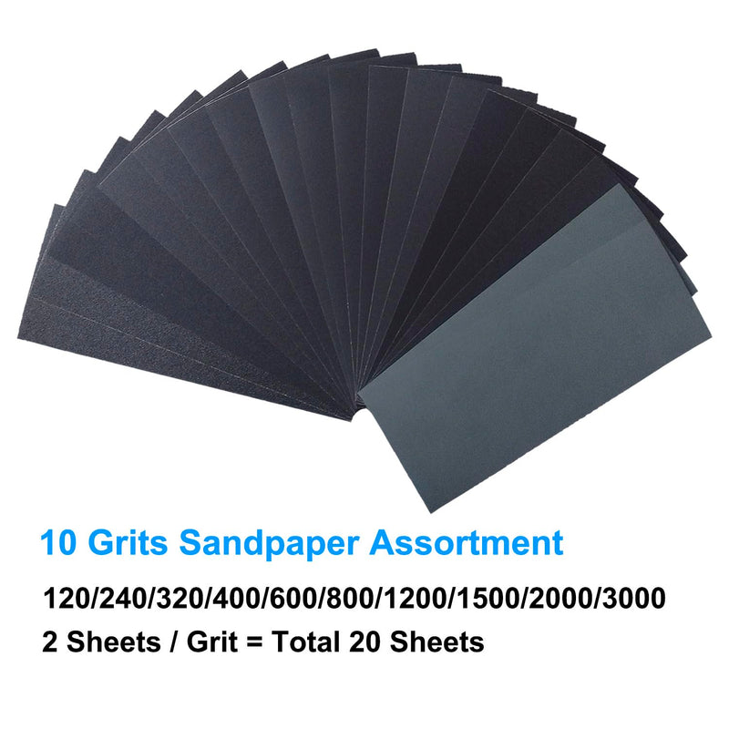 Sandpaper Variety Pack, 20PCS Sand Paper Assorted for Wood Metal Sanding, Wet Dry Sandpaper Sheets 120/240/320/400/600/800/1200/1500/2000/3000 Grits, 9 x 3.6 Inch 20
