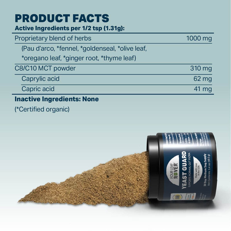 Yeast Guard - Dog Gut Health Probiotics Support Powder - Organic Herbs for Flora and Immune Support - 7 to 60 Day Supply, Depending on Dog’s Weight - Vet Formulated - for All Breeds