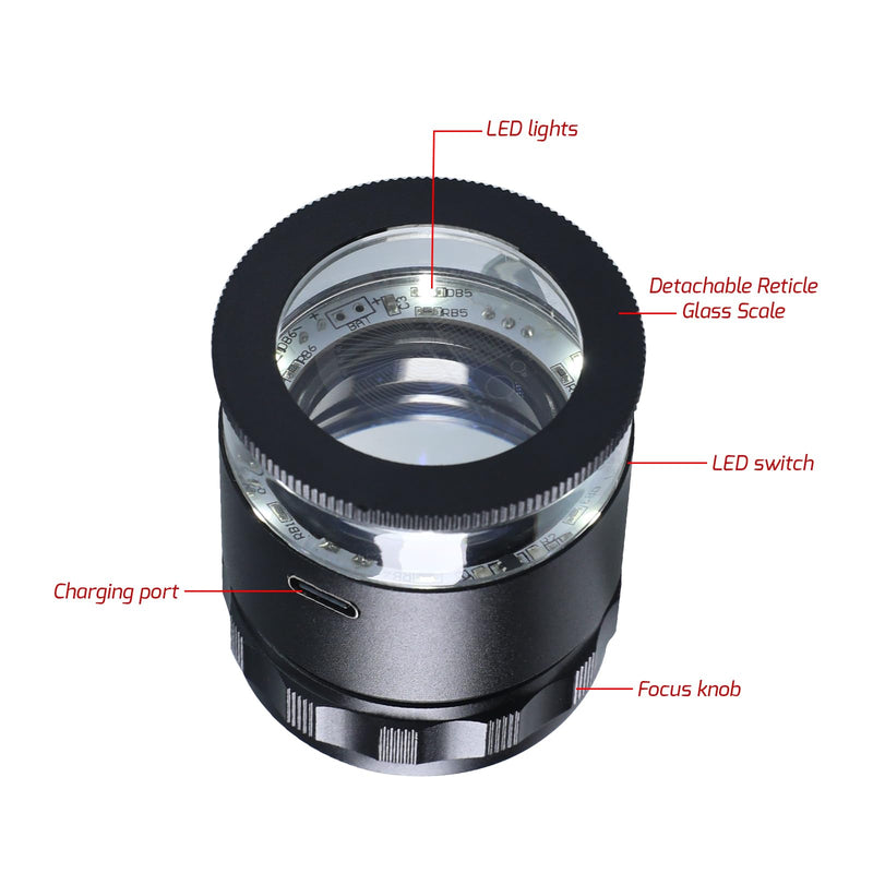 10X Rechargeable Jewelers Loupe Magnifier with LED Light & Detachable Reticle Scale, 25mm Field of View, Adjustable Focus Scale Loupe Jewelry Magnifying Glass for Gems, Coins, Watches, Close Work