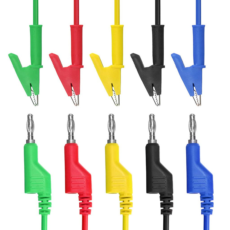 Sumnacon Multimeter Banana Plug to Crocodile Alligator Clip Test Probe, 5PCS 4mm Stackable Colorful Silicone Banana Plug to Alligator Clip Test Probe Lead Wire Cable 1M 3.3 ft