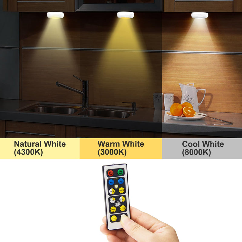 LUXSWAY Battery Powered Push Lights, Wireless Puck Lights, Dimmable Under Cabinet Lights with Nature/Warm/Cool Light, Remote Control Stick on Lights for Closet Cabinet Stair,Timer ON/OFF- 4Pack