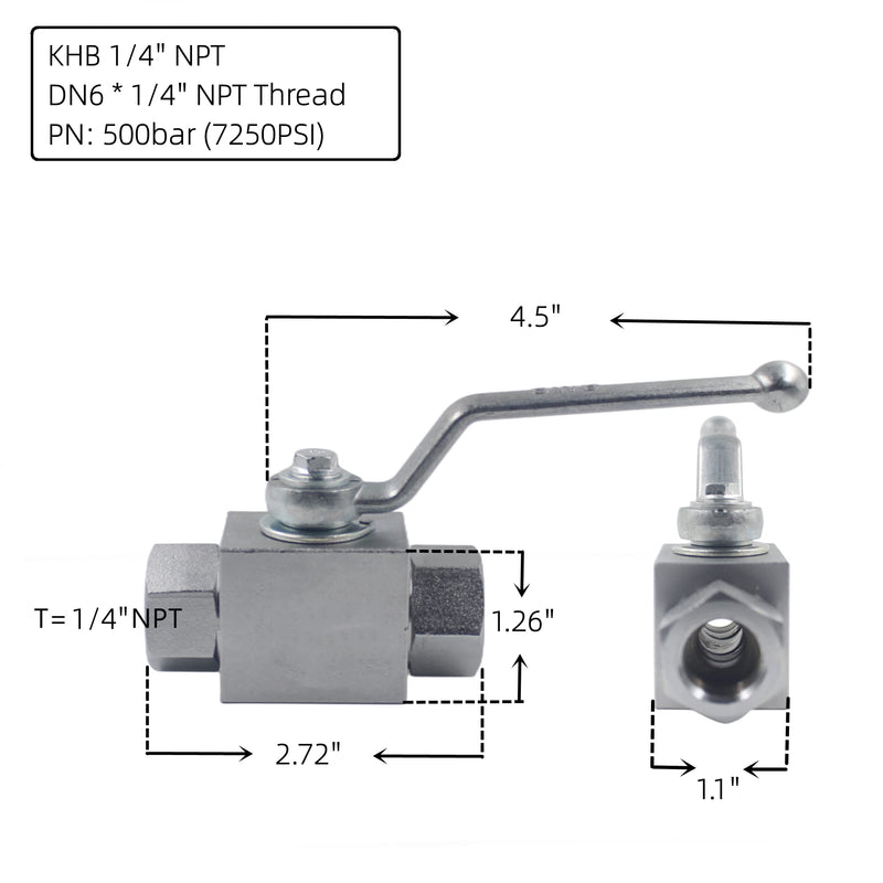 High Pressure Hydraulic Valve KHB 1/4'' NPT, Shut-Off 2 Way Ball Valve, Hydraulic Ball Valve 7250 PSI KHB 1/4NPT(2 Way)