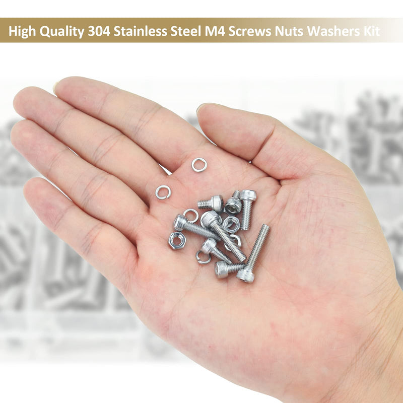 352 Pieces M4 x 6/8 /12/16 /20/25 /30mm Hex Socket Head Cap Screws Nuts Washers Assortment Kit, 304 Stainless Steel, Fully Machine Thread