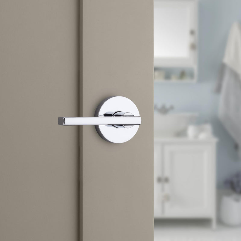Kwikset Halifax Interior Privacy Door Handle with Lock, Round Lever for Bathroom and Bedroom, Polished Chrome Reversible Keyless Push Button Lock Door Lever, with Microban Protection 1 Pack