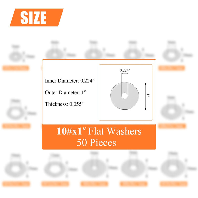 50 Pieces #10 Stainless Flat Washers, 1" Outside Diameter, 0.055" Thickness, 18-8 (304) Stainless Steel Washers, Metal Washers, Flat Washers for Bolts Screws #10 x 1" （50 PCS）