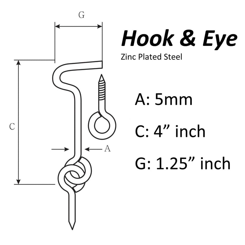 4" inch Heavy Duty Zinc Plated Wire Gate Hook and Eye Latch (Pack of 2) 4" inch