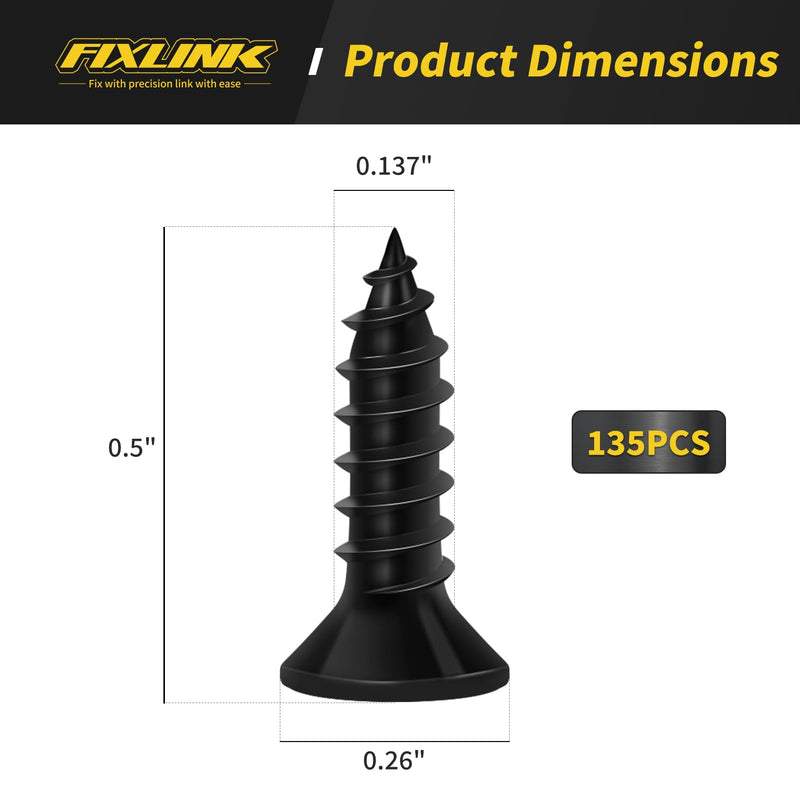 Wood Screws 1/2 Inch, FIXLINK Premium Flat Head Phillips Black Wood Screws 135 PCS, Self Tapping Electrophoresis Used in Indoor Furniture, Woodworking (#6 x 1/2") #6 x 1/2"
