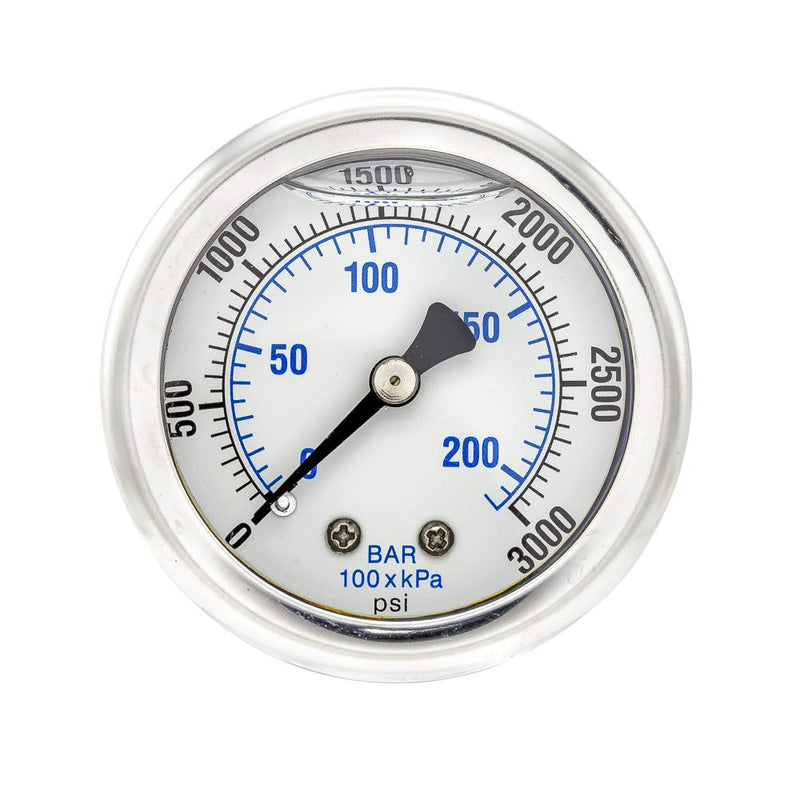Liquid Filled Center Back Mount Pressure Gauge with 2" Dial, 0-3000 PSI, 1/4" Male NPT Connection, Stainless Steel CASE and Bezel (1)