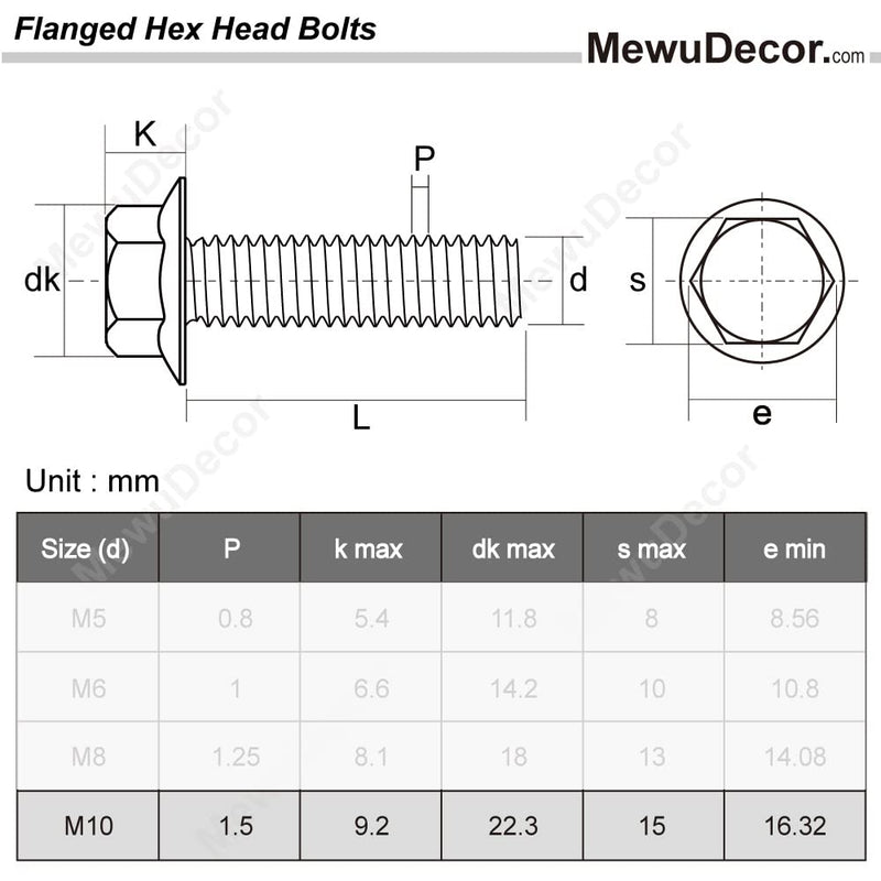 M10-1.5 x 20mm Flanged Hex Head Bolts Flange Hexagon Screws, Stainless Steel 18-8 (304), Plain Finish, DIN 6921, 10 PCS M10 x 20mm (10 PCS)