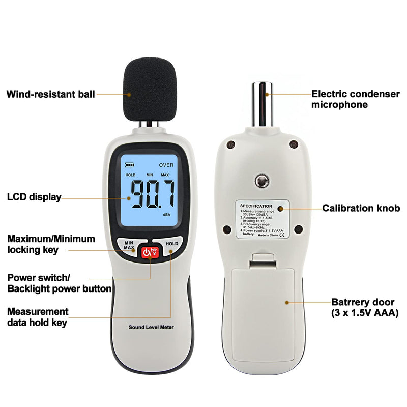 Decibel Meter, Portable SPL Meter (Sound Pressure Level Meter), Digital Noise Meter 30-130dB(A) db Meter, Noise Volume Measuring Instrument, Sound Monitoring Tester (Battery Included) Gray