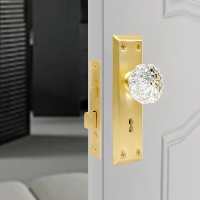 Mortise Lock Set with Crystal Glass Door Knobs for Interior Door Mortise Keyed Lock Replacement for Old Broken Door Knobs (Gold) Gold