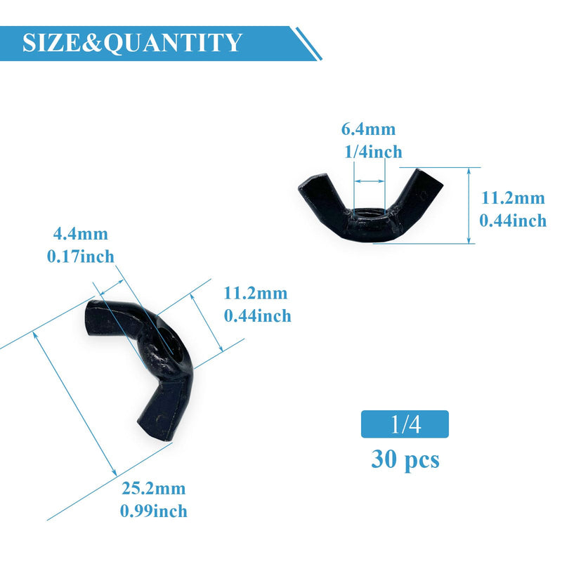 30 PCS 1/4-20 Inch Wingnuts, Quality Carbon Steel Wing Nuts Black Zinc Plated Fasteners Parts Butterfly Nut, Hand Twist Tighten Hardware Nuts Butterfly Wing-Nut 1/4-20” Assorted Kit 1/4-20"-30Pcs-Black