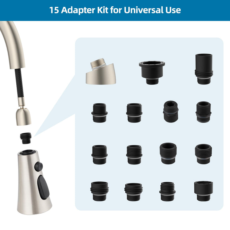 Universal Kitchen Faucet Head Replacement with 15 Adapter Kit Compatible with Kohler/Moen/Delta Faucet, 3 Function Pull Down Sink Faucet Spray Head, Brushed Nickel Acrylonitrile Butadiene Styrene (ABS)