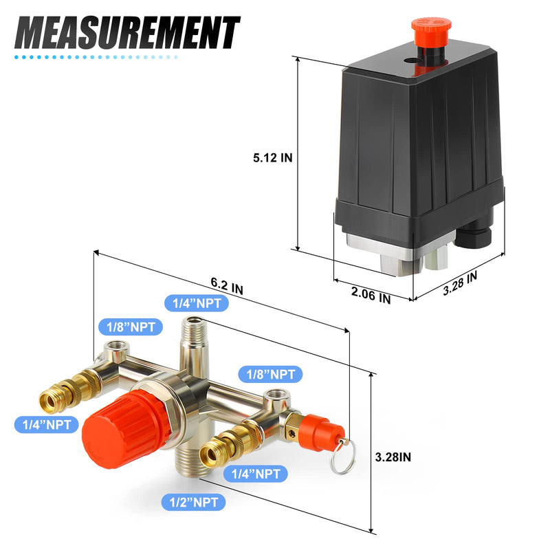 MEANLIN MEASURE Air Compressor Pressure Switch Control Valve 90-120 PSI 110V-240V Replacement Parts With 0-180 Pressure gauge and Manifold Regulator 90-120 PSI With Manifold Regulator
