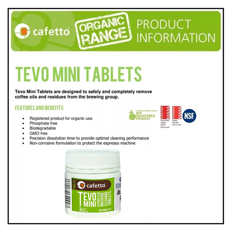 Cafetto Tevo Tablets Mini 1.5g 100 Tablets for manual and semi automatic espresso machines. Compatible with Breville, Sage, Gaggia, Rancilio, Rocket, ECM, Profitec, Lelit.
