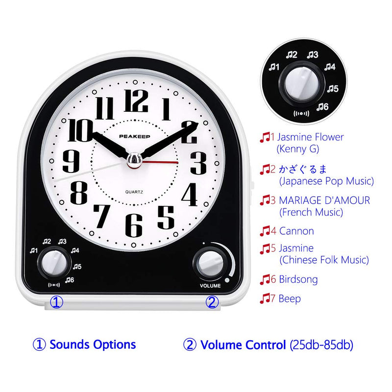 Peakeep Analog Alarm Clock Non-Ticking Silent, Optional 7 Wake-up Sounds with Volume Control, Nightlight and Snooze, AA Battery Operated (Black) Black