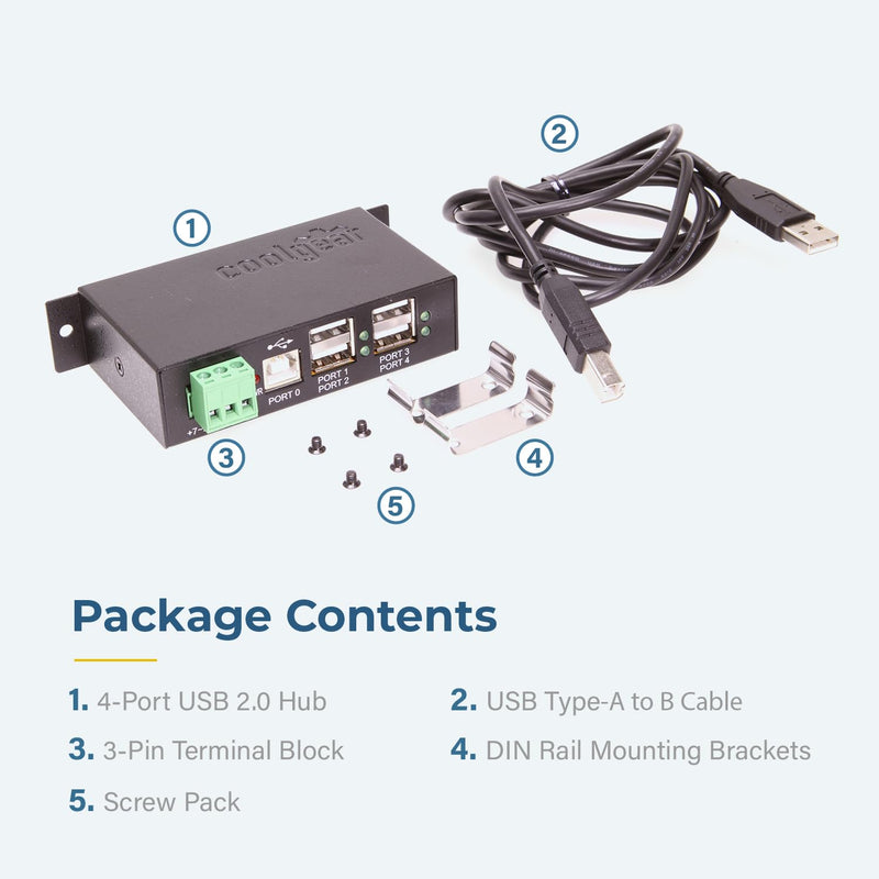 Coolgear Industrial 4-Port Powered USB 2.0 Hub with Port Status LEDs, Metal Housing, 7-24 VDC Input, Wall and DIN-Rail Mountable, PC & Mac Compatible Hub Only