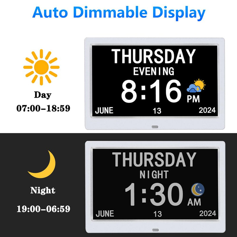 AINFTIME DST Digital Clock with Date and Day of Week for Elderly-12 Alarms Medication Reminder Dementia Alzheimers Clock Calendar with Extra Large Display (10.1 inch White) 10.1 inch White