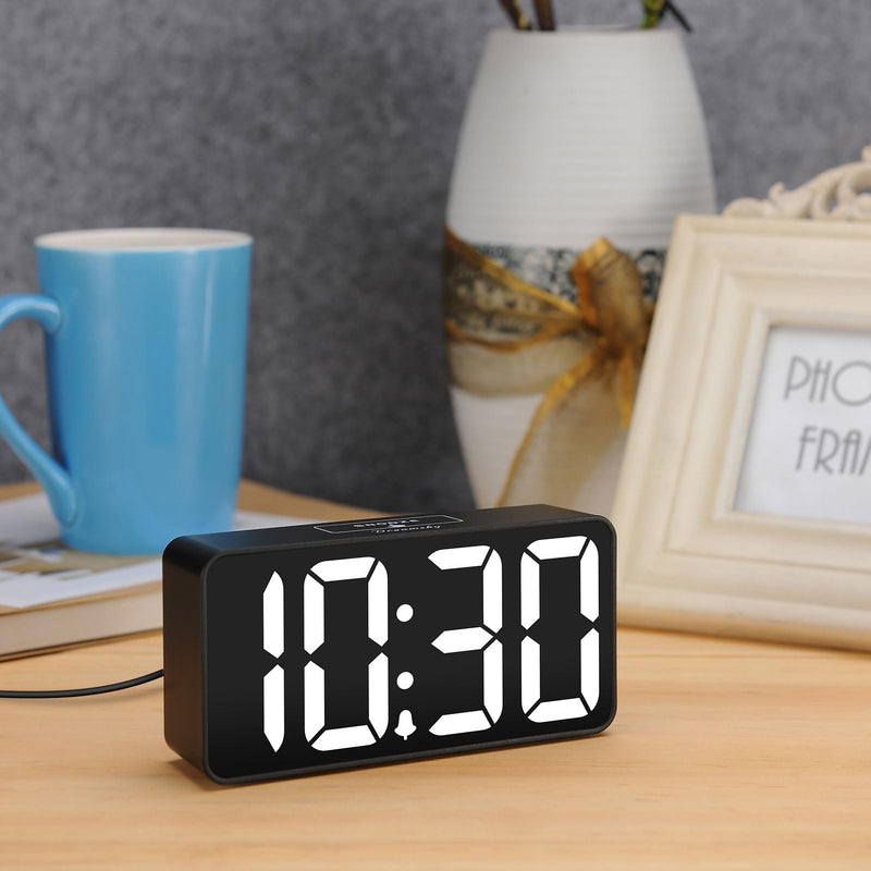 DreamSky Small Digital Alarm Clock for Bederoom, Large Big Numbers Display with Dimmer for Living Room, Electric Bedside Desk Clock with USB Charging Port, Adjustable Volume, USB-C Adapter Powered Black Case White Digits