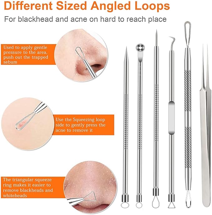 Pimple Popper Tool Kit 6 Pieces Blackhead Remover Acne Needle Tool Set Removal Treatment Comedon Whitehead Popping Pit Nose/Face/Skin Spot Remover Tool Silver - NewNest Australia