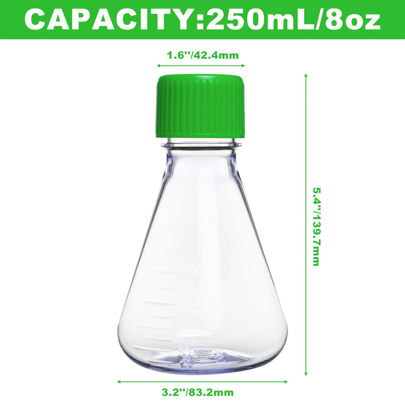 250ml Plastic Erlenmeyer Flask, 6Pcs 8oz Sterile Polycarbonate (PC) Conical Cell Culture Flask with Vent Cap for Lab Chemistry Science, Individually Wrapped, Graduated, 0.22 μm PTFE, Flat Bottom 250mL 6