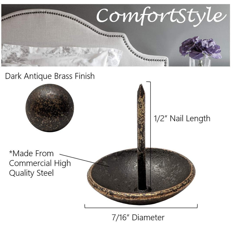 Premium Upholstery Tacks, Nailhead Decorative Trim for Furniture, 7/16-inch Diameter (100, Dark Antique Brass) 100