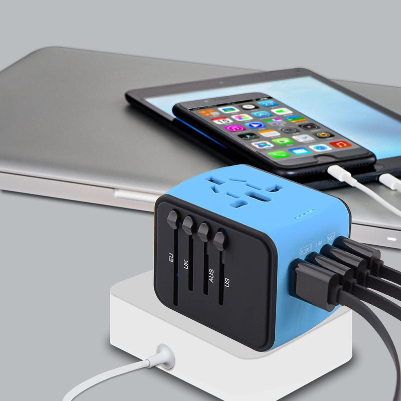 International Travel Adapter Universal Power Adapter Worldwide All in One 4 USB Perfect for European US, EU, UK, AU 160 Countries (Blue) Blue-N - NewNest Australia