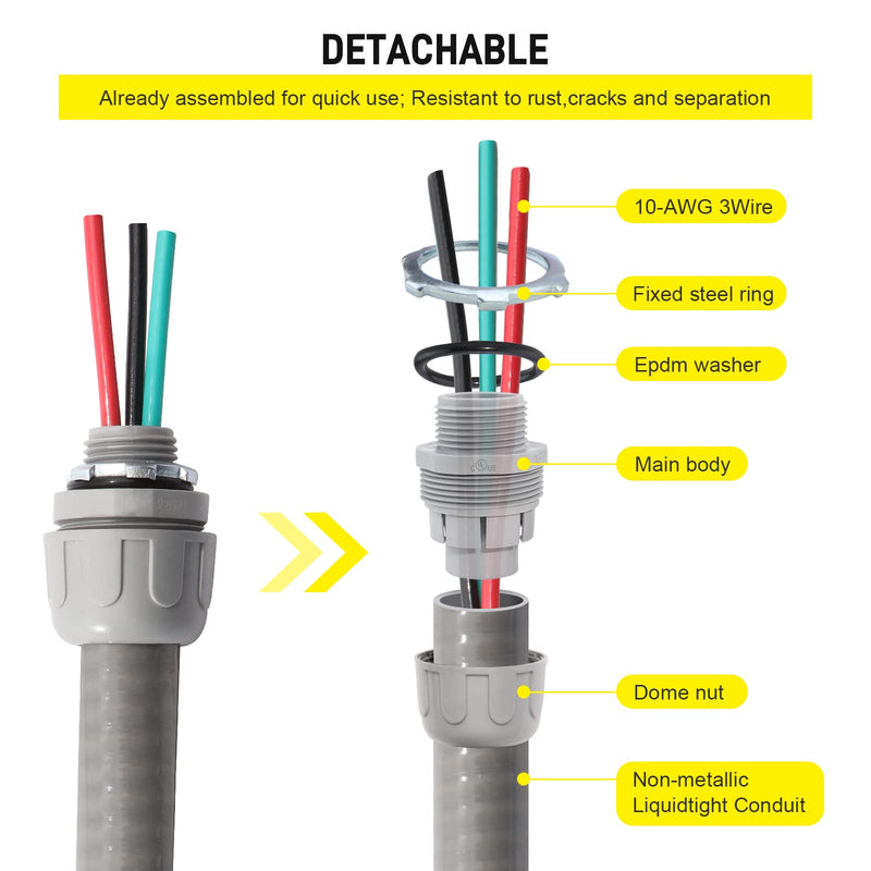 Power Whip Assembly Kit -1/2" x 4ft Non-Metallic Liquid Tight with 10 Gauge Wire Electrical AC Whip Kit Flexible Electrical Conduit & straight/90°Fittings