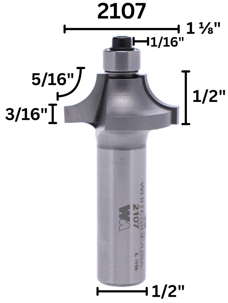 Whiteside 2107 Beading Router Bit: 5/16 Inch Radius, 1-1/8 Inch Large Diameter, 1/2 Inch Shank, 1/2 Inch Cutting Length