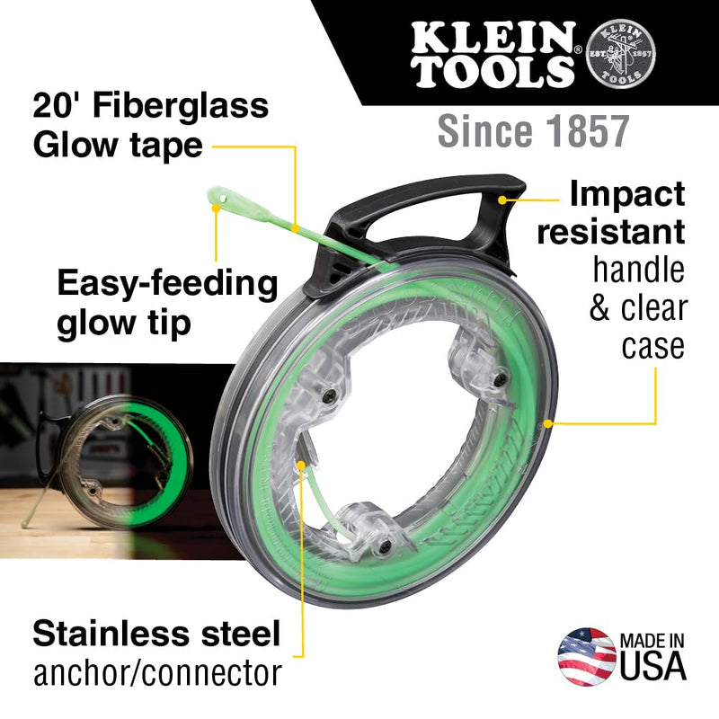Klein Tools 50550 20-Foot Glow In The Dark Fish Tape, Made in USA, Fiberglass with Nylon Tip and Stainless-Steel Connector for Fish Rod Attachments 20-foot Glow Fishtape