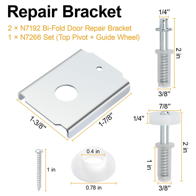 Bifold Door Repair Kit, N7192 Bi-Fold Door Repair Bracket and N 7266 Bi-Fold Door Top Pivot and Guide Wheel, for 1-3/8 in Wood Bifold Hardware Replacement Parts